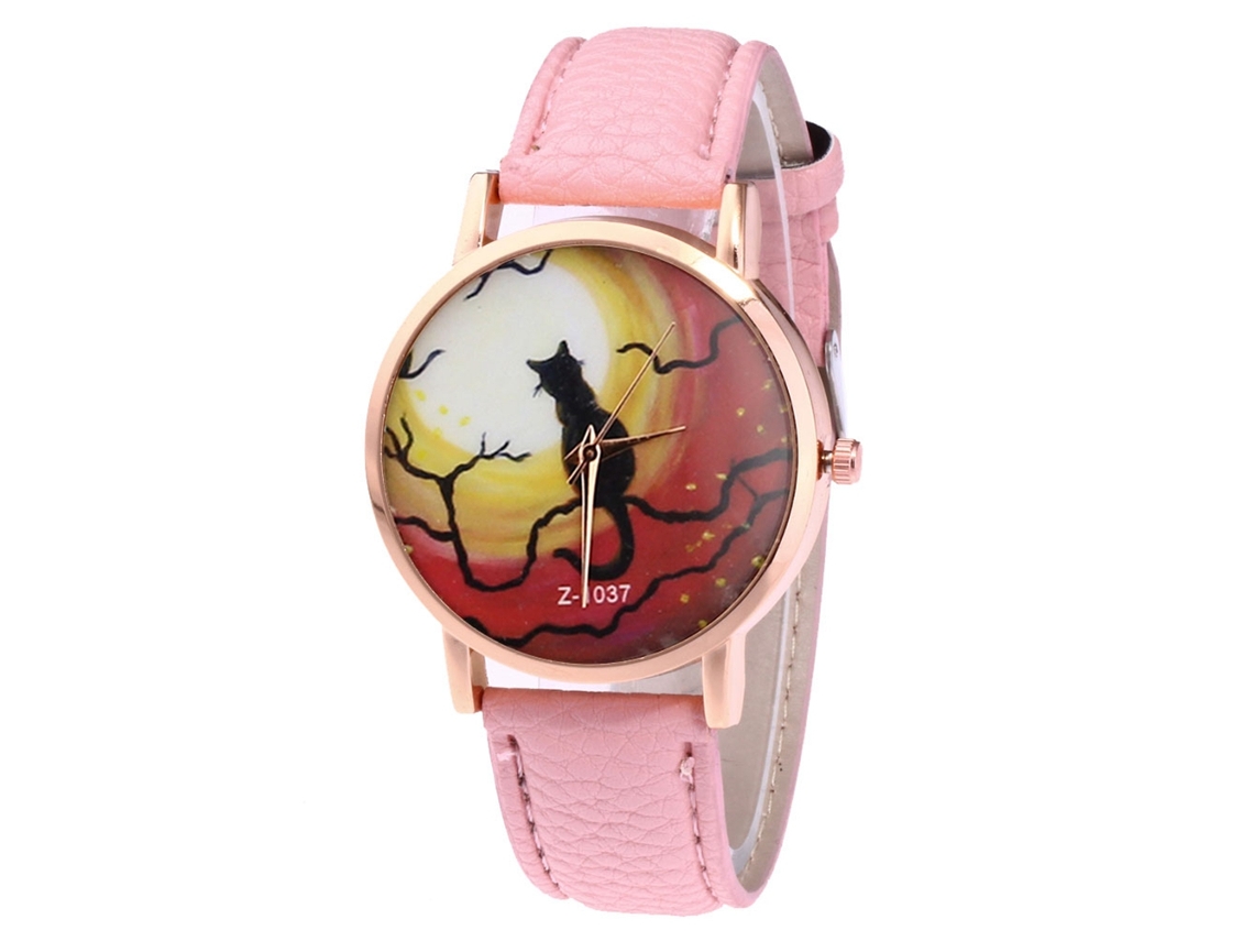 Reloj De Cuarzo Con Correa De Cuero Pu Para Unisex Con Dibujo De Gato (rosa)