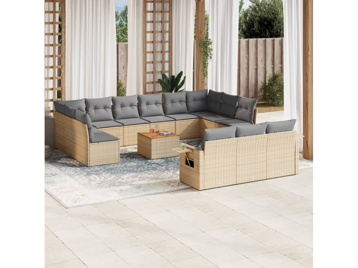 Conjunto de sofá de jardín de 14 piezas con cojines, mimbre beige mixto, DKD Home Decor