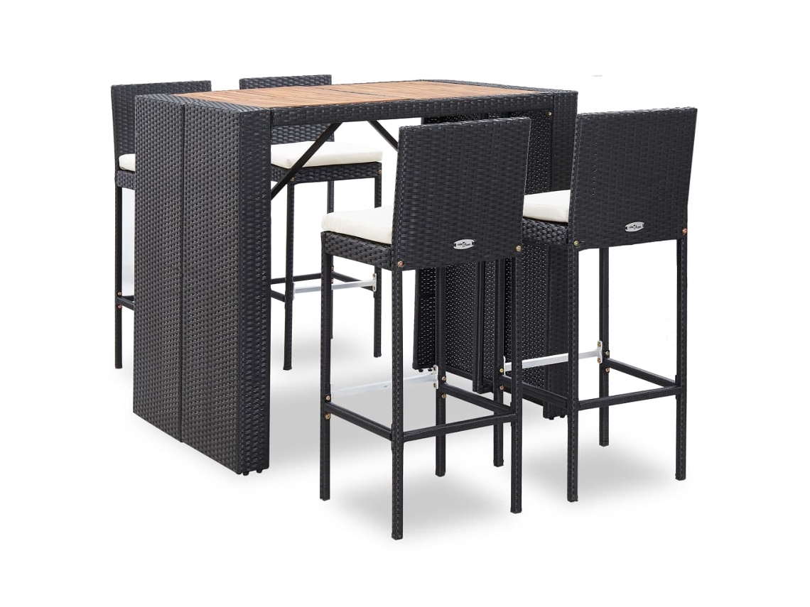 Conjunto de bar de jardín de 5 piezas en mimbre y madera de acacia, negro, DKD Home Decor