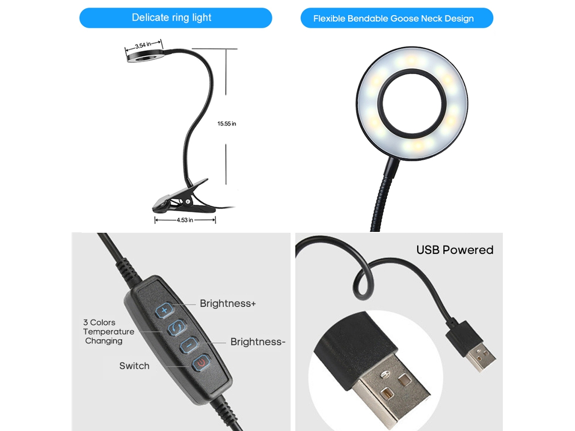 Rebe-lámpara De Escritorio Con Pinza 24 Leds 5v 6w Usb 3 Temperaturas De Color Brillo Ajustable Flexible Para Estudio Oficina