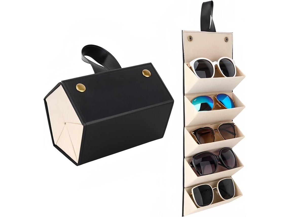 Estuche plegable para gafas de sol de viaje, soporte portátil para gafas con 5 compartimentos seguros, organizador de gafas de sol de viaje con bolsillo
