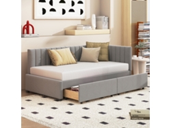 Sofá cama tapizado en terciopelo de 90 x 200 cm con 2 cajones grandes y somier de láminas gris.