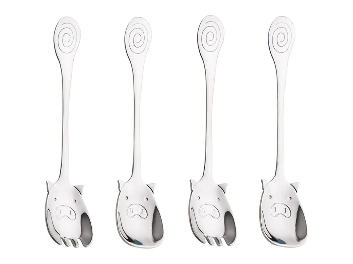 2026da-4pcs Tenedores Cucharas Sporks Cerdo Diseño Acero Inoxidable Para Postres Café Ensalada 5.79x1.18 Pulgadas