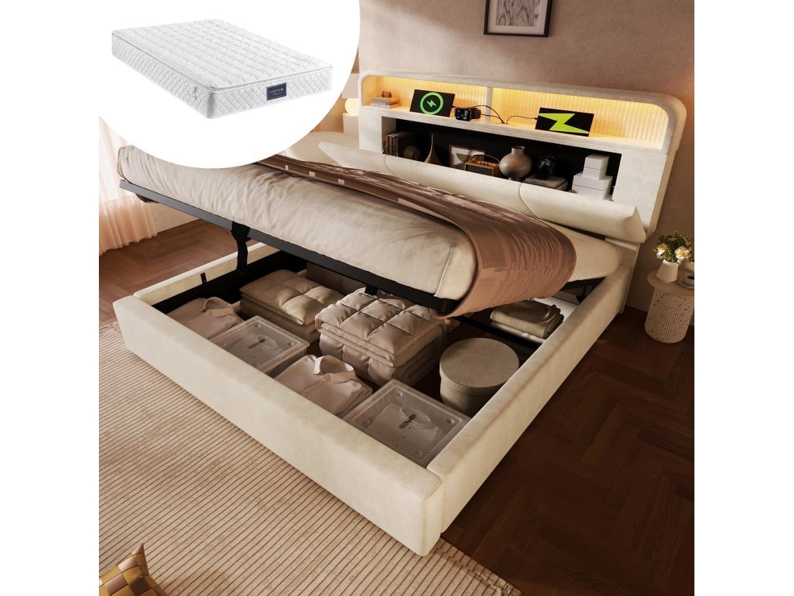 Cama Tapizada 160x200 Cm - Cabecero Con Almacenamiento Ajustable, Led, Usb/type-c, Beige