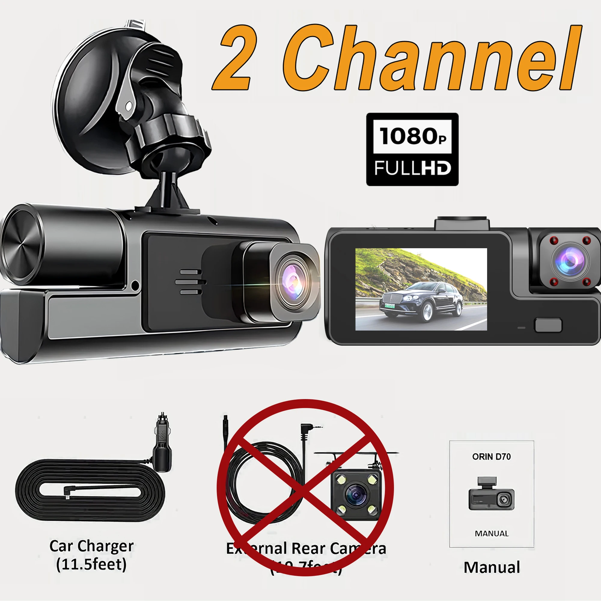 Grabadora de vídeo para coche (tarjeta SD de 64 GB, 2 lentes) 1080p con visión nocturna y grabación de 24 horas.