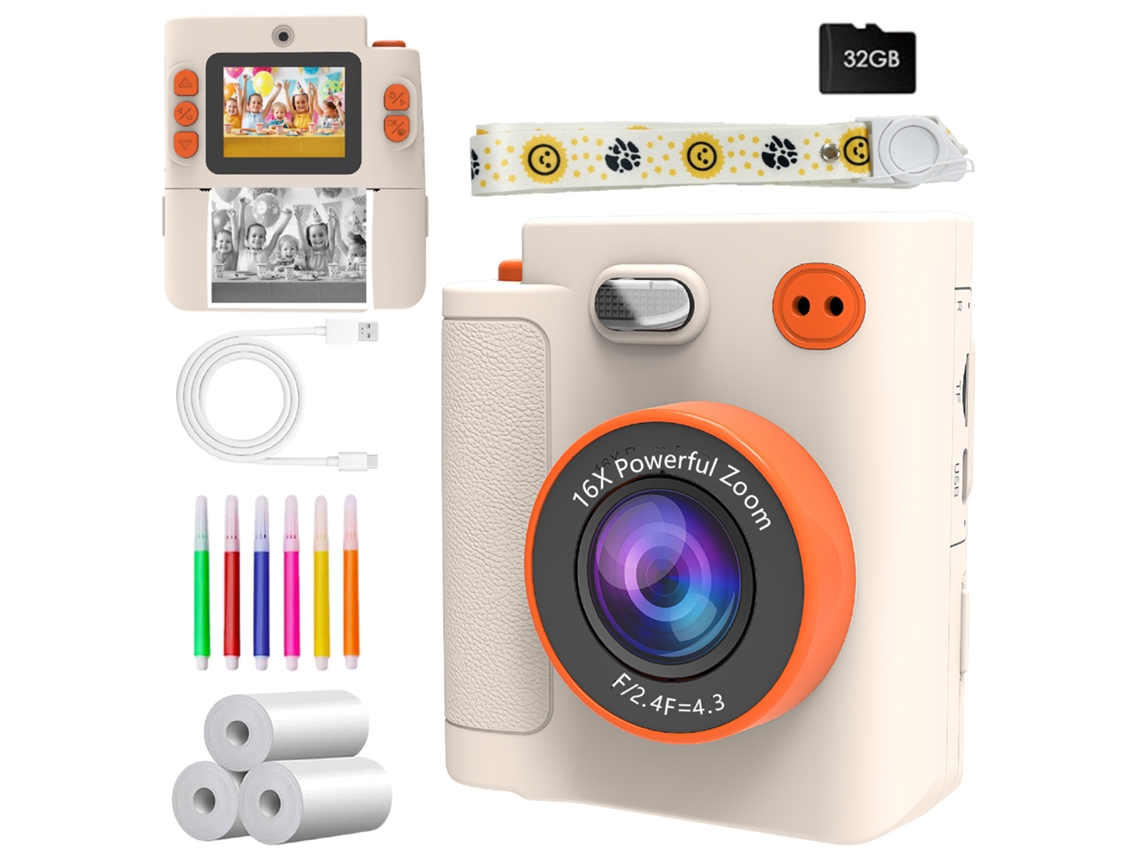 Cámara instantánea infantil PANOONA con función de impresión, HD 1080p, con tarjeta SD de 32 GB, color beige.