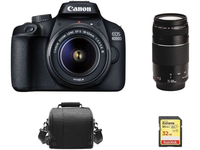 Kit Cámara Réflex CANON EOS 4000D EF-S 18-55MM F3.5-5.6 III + EF 75-300mm F4-5.6 III + 32GB SD