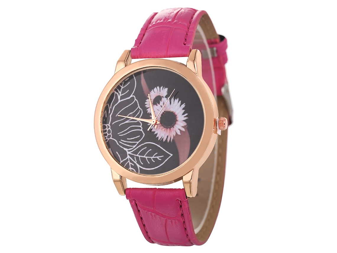 Reloj De Pulsera De Cuarzo Para Hombre Y Mujer Con Correa De Piel Sintética Y Esfera Redonda Rosa Con Estampado Floral.