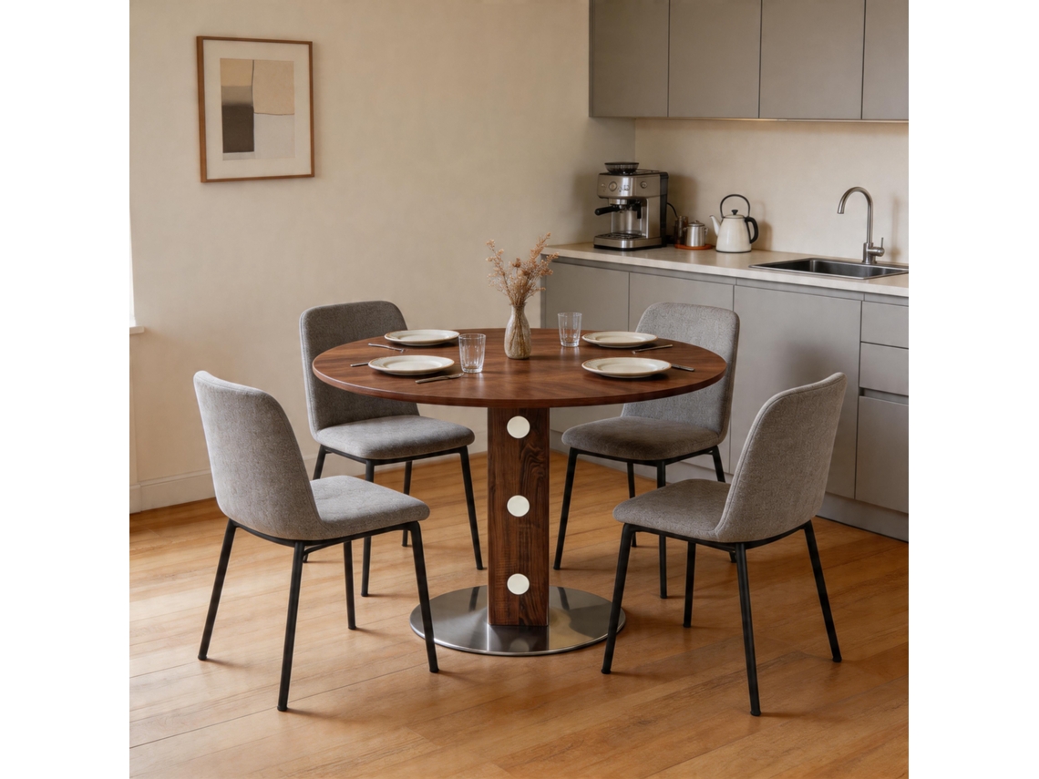 Mesa De Comedor Redonda 100 Cm - Pedestal Cuadrado, Detalles Espejo, Estructura Metálica - Nogal