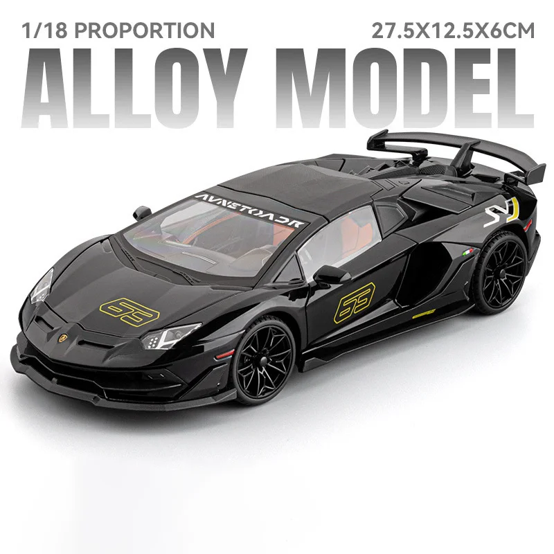 (svj63 Negro) Coche miniatura a escala 1:18 con efectos de sonido y luz, superdeportivo