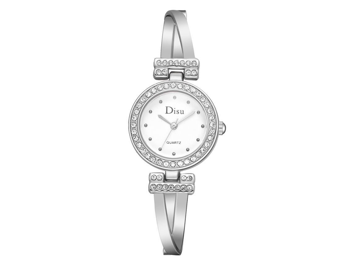 Reloj De Pulsera Disu Para Mujer Con Diamantes De Imitación, Movimiento De Cuarzo, Color Blanco Plateado, Estilo Casual Y Elegante.