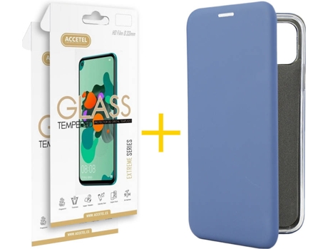 Kit Carcasa y Protector Cristal 2X iPhone 12 « 12 Pro Skyhe PRM Flip Cover Azul