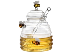 Tarro de miel de cristal con cuchara y tapa, dispensador de miel de borosilicato transparente para uso en la cocina.
