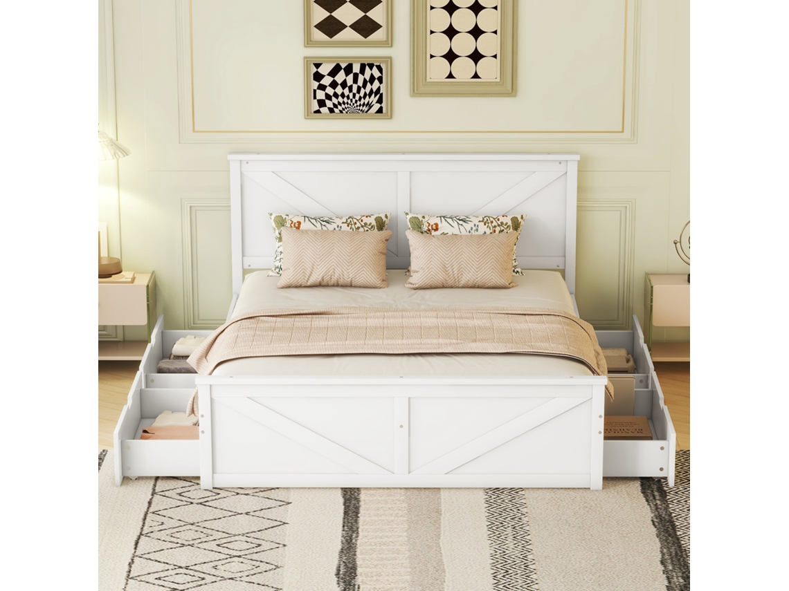 Cama De Madera De 160 X 200 Cm - Cama Individual Con 4 Cajones - Blanco