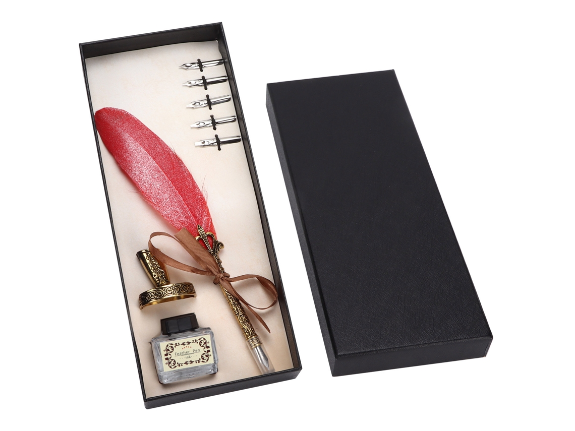 Set De Pluma De Pluma Artesanal Retro Grabado Acero Inoxidable Para Firma Regalo Decoración Mesa Rojo Grande