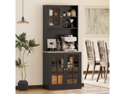 Despensa Alta Cocina 80x37x183 Cm Negro Puertas Vidrio Estantes Almacenamiento Electrodomésticos Vajilla Cocina Salón
