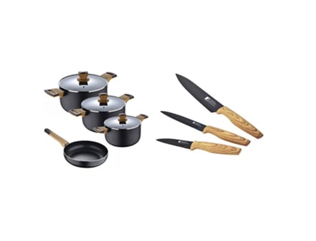 Batería De Cocina 10 Piezas (3 Cacerolas Con Tapa 16/20/24 1 Sarten 24 3 Cuchillos de Cocina) Aluminio Prensado Inducción Earth Black Bergner