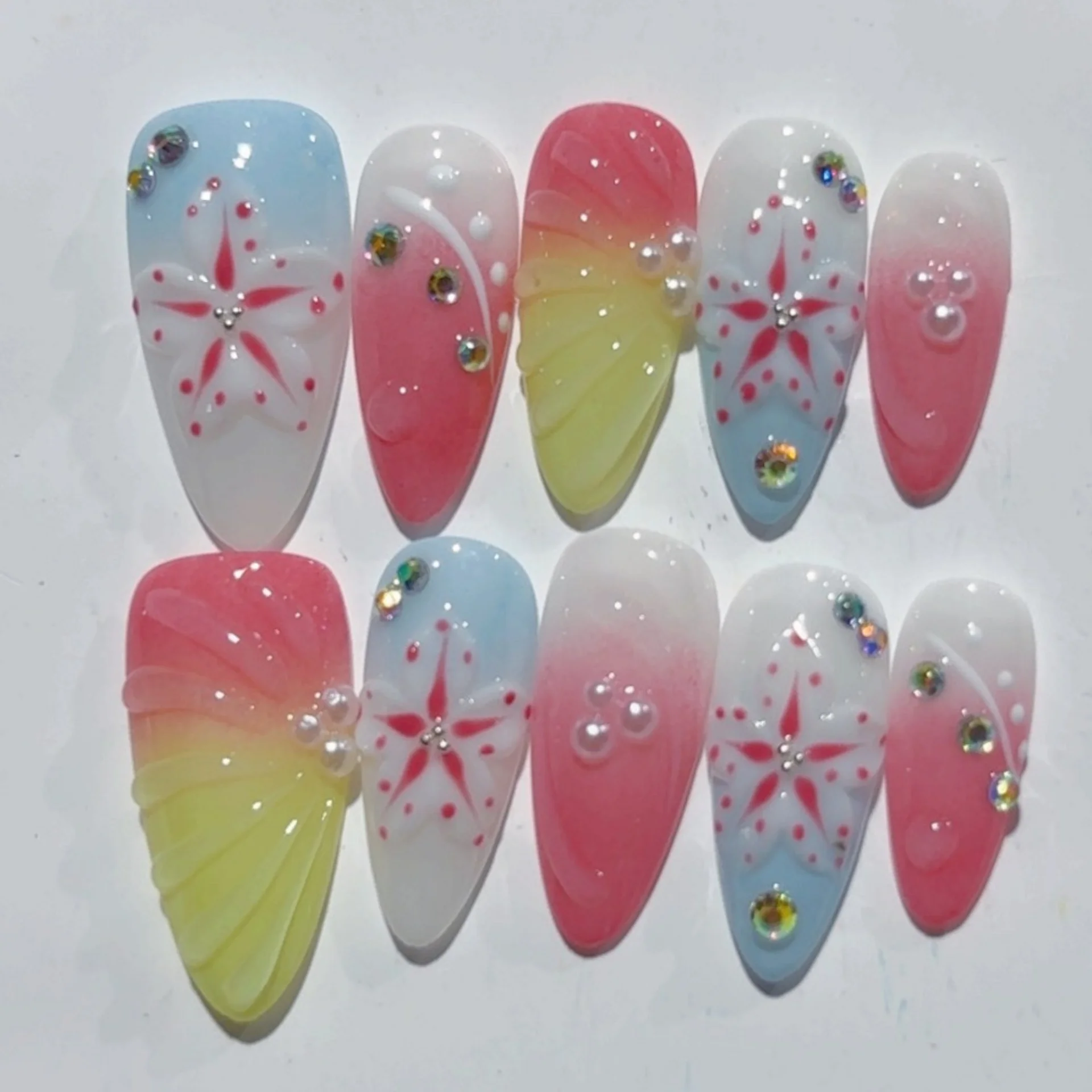(d411-m) 10 Uñas Postizas Hechas A Mano, De Longitud Media, Forma Almendrada, Estilo De Manicura A Presión.