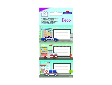 12 Etiquetas escolares - Rectángulo - Coche de policía, Camión de bomberos