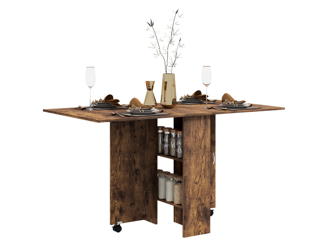Mesa de comedor plegable con extensiones retráctiles, capacidad para 6 personas, 2 estantes, ruedas, color marrón.