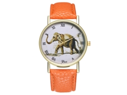 Reloj De Cuarzo Con Correa De Cuero Pu Fashion Patrón De Elefante Dial Romano Naranja