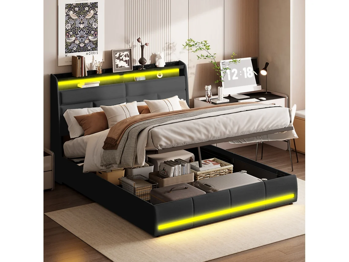 Cama Doble 140x200cm Con Iluminación Led, Cama Con Almacenaje Hidráulica, Estructura De Cama Moderna Con Somier, Pu Negro, Sin Colchón