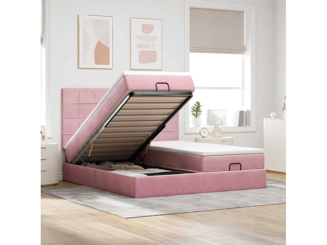 Estructura De Cama Otomana Colchones Terciopelo Rosa 200x200cm