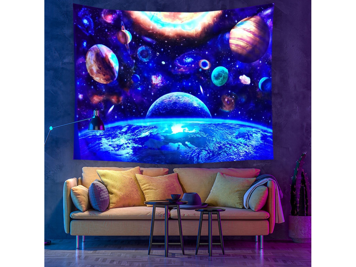 Tapete de Parede Blacklight Reativo a Uv Padrão de Planeta 200x150cm Decorativo
