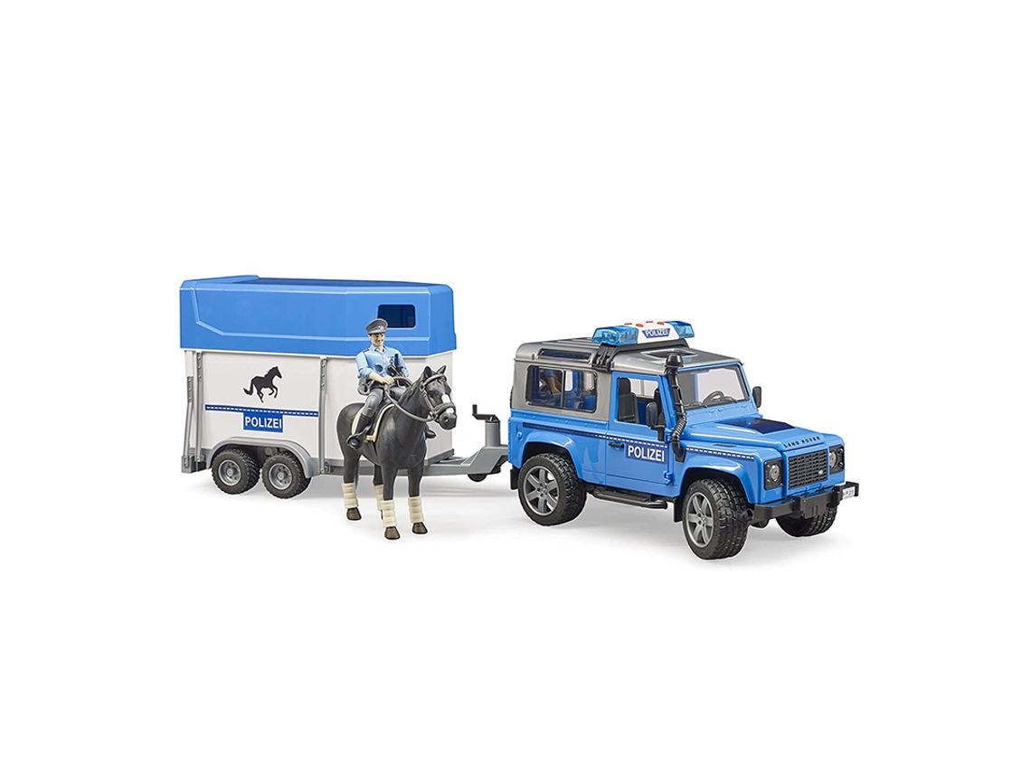 Vehículo BRUDER Land Rover Defender Policía con atrelado + Caballo + Policía