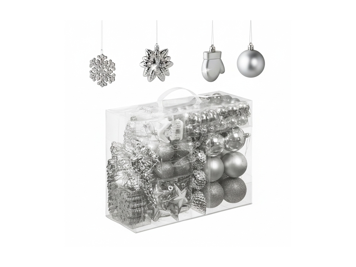 Relaxdays Set 100 Bolas Árbol Navidad, Bolitas Navideñas Brillantes, Con Purpurina Y Mate, 10 Diseños, Plata