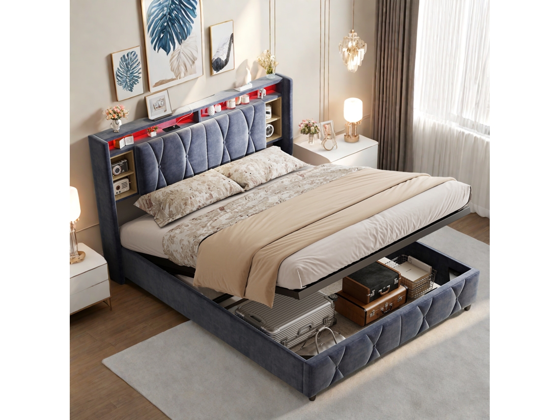 Rosahqnda Cama Doble Con Espacio De Almacenamiento, Cabecero Con Estantería Led Y Puerto Usb, Cama Tapizada 160x200cm, Terciopelo, Gris, Sin Colchón