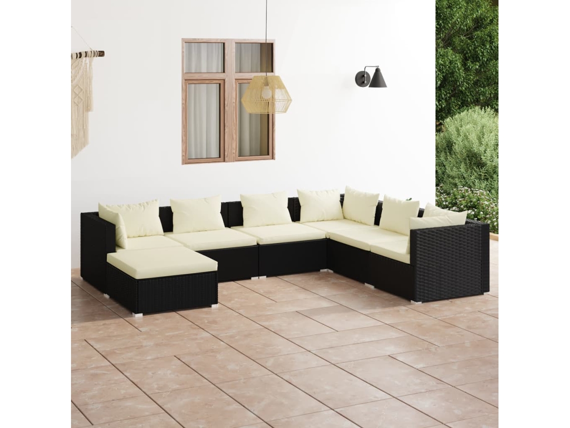 Conjunto de jardín de 7 piezas con cojines, mimbre sintético negro, DKD Home Decor