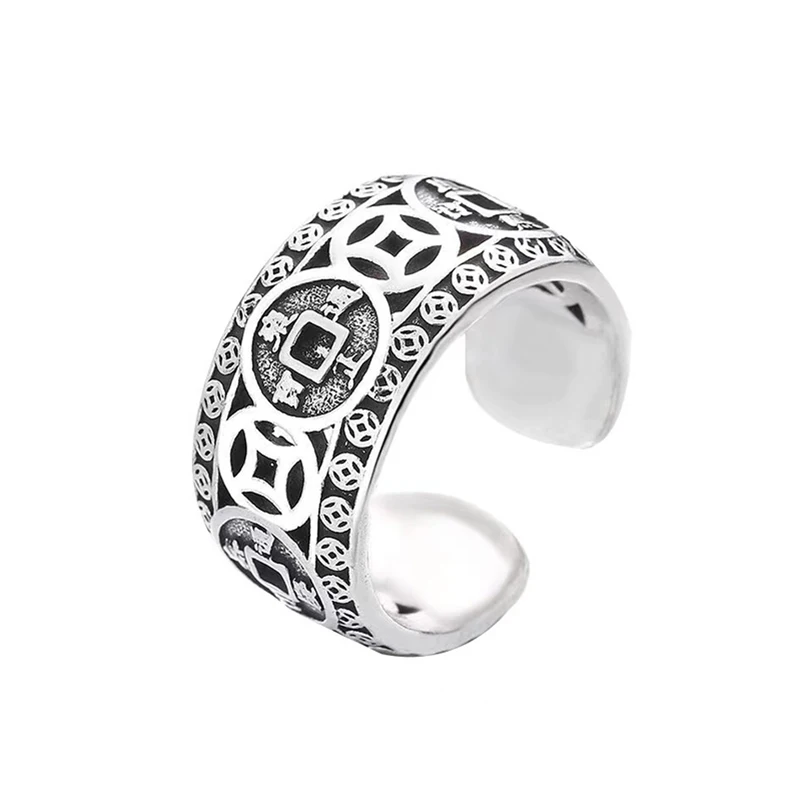 (plata) Anillo Abierto De Cobre Estilo Chino Retro Con Moneda, Amuleto Feng Shui Para Hombres Para Atraer Riqueza.