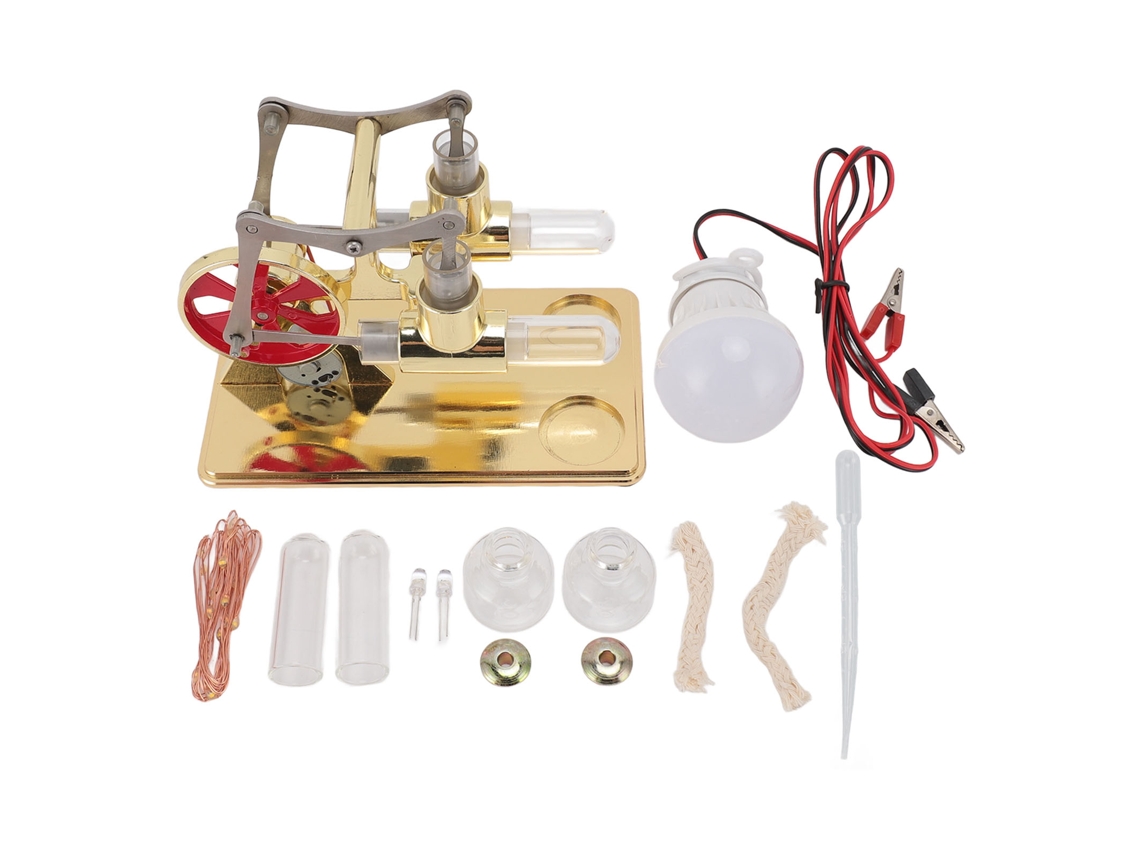 Kit De Motor Stirling, Doble Cilindro, Metal, Base De Madera Para Experimentos Científicos.