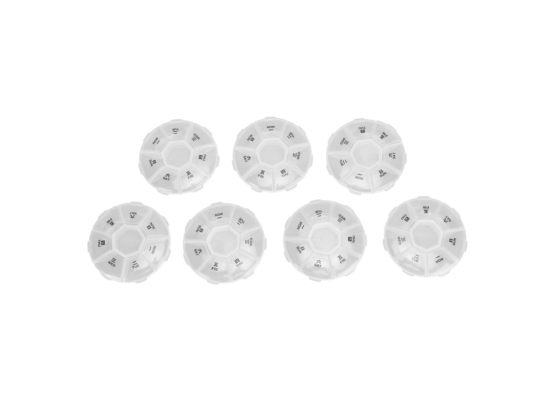 Organizador de medicamentos redondo de 7 piezas, pastillero portátil transparente para los 7 días de la semana, ideal para viajes y actividades al aire libre.