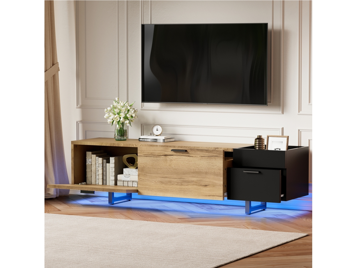 Mueble Para Tv, 180x38x49 Cm, Nichos Abiertos, Cajones Y Armario Cerrado, Patas De Metal, Madera Natural Y Negro