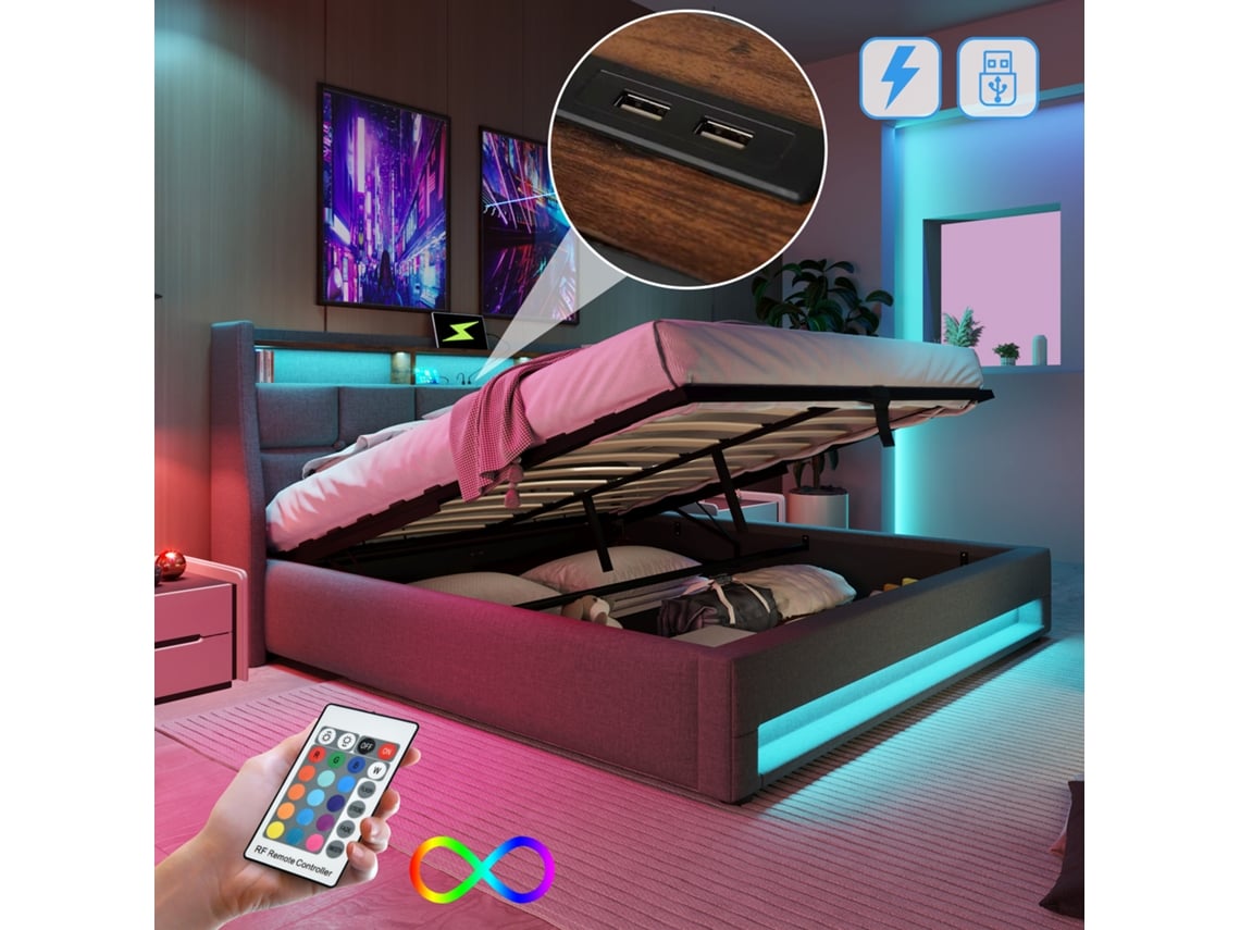 Cama Led Usb De 140x200 Mm Con Almacenamiento De Metal Para Ropa De Cama (colchón No Incluido)