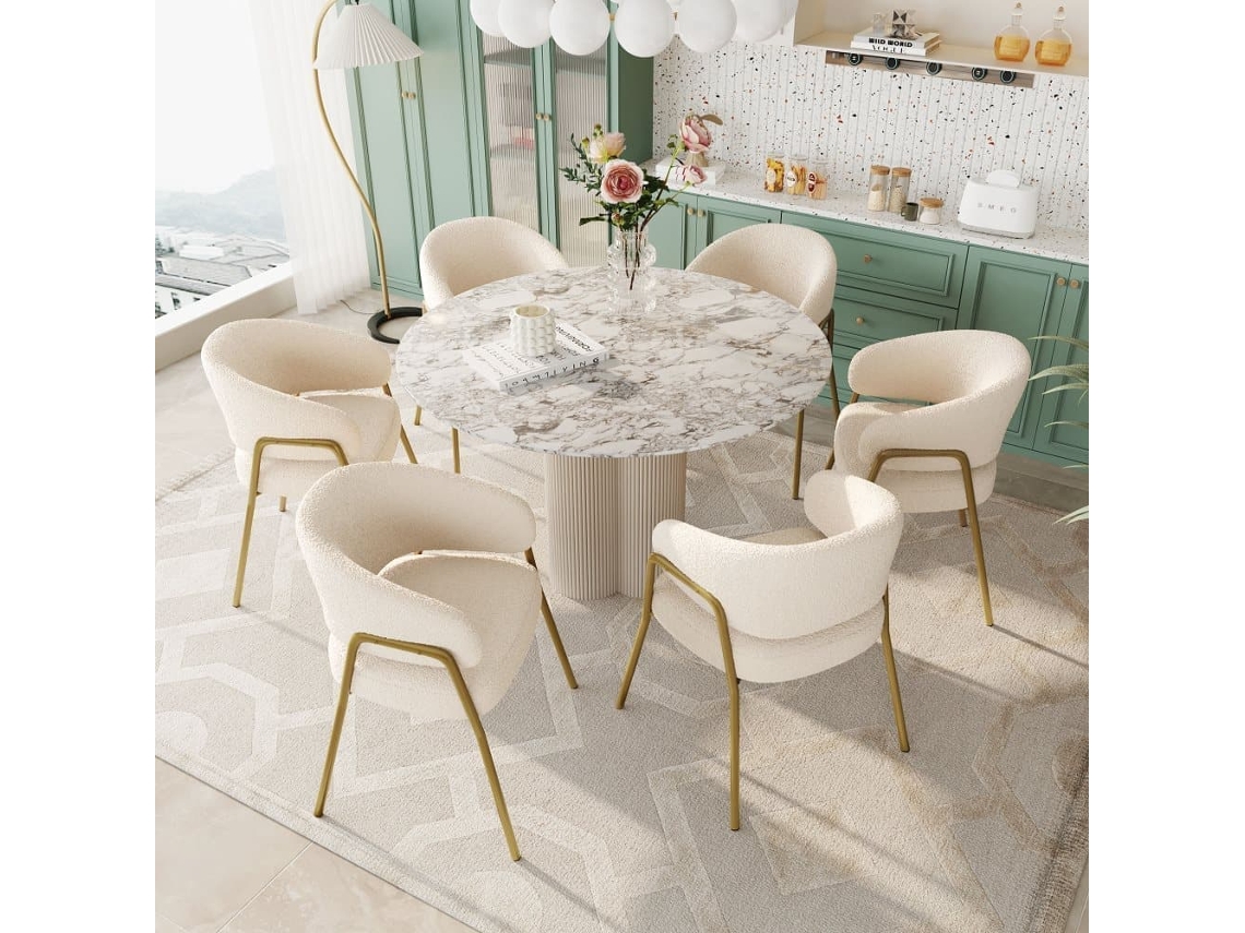 Conjunto De 6 Sillas - Tela Sherpa - Patas Doradas - Beige