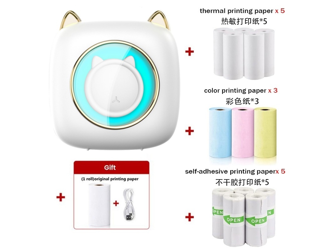 Mini impresora térmica portátil sin tinta con luz RGB. Incluye 14 rollos de papel de impresión Digitallab.