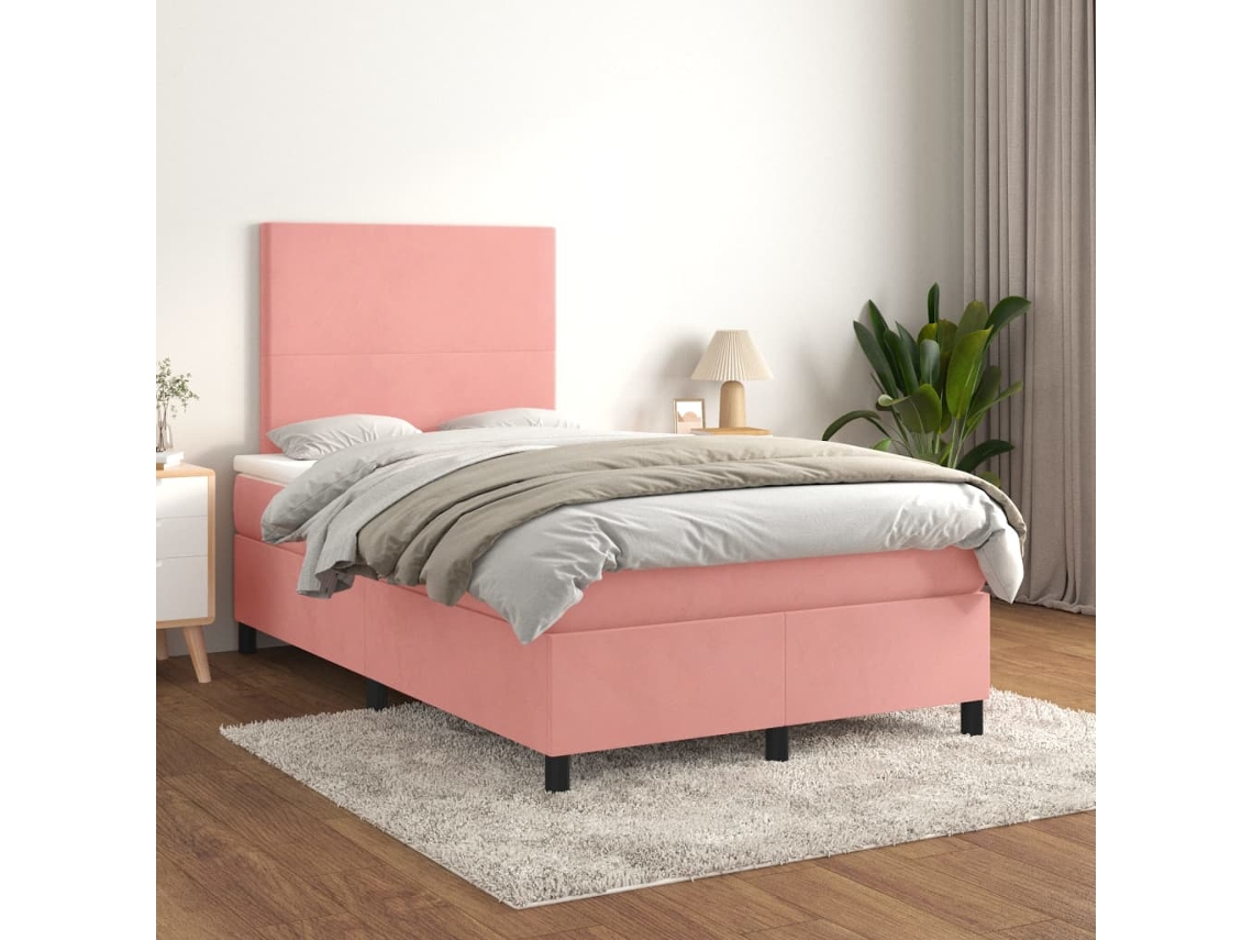 Cama Box Spring Con Colchón Terciopelo Rosa 120x200 Cm