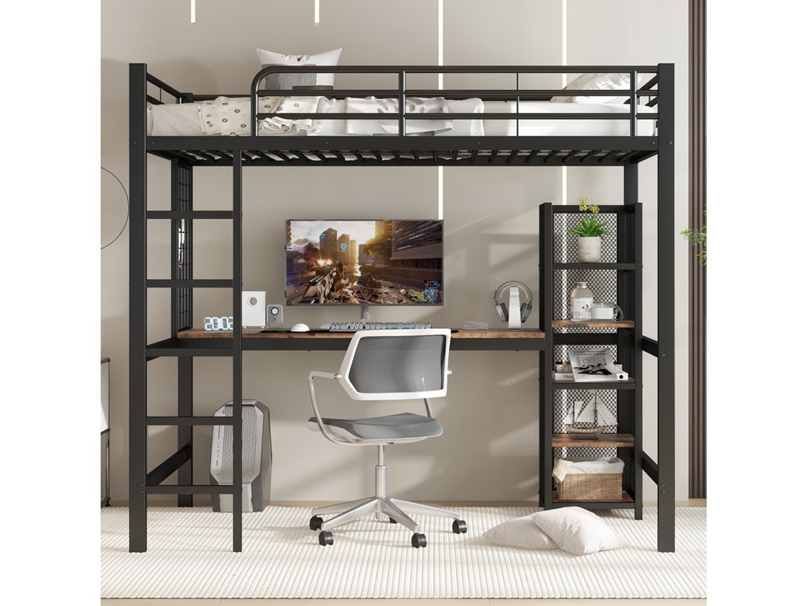 Cama alta de 90x200 cm con escritorio y estantería de almacenaje con escalera de seguridad de 5 peldaños, metal, MDF, color negro, estilo natural