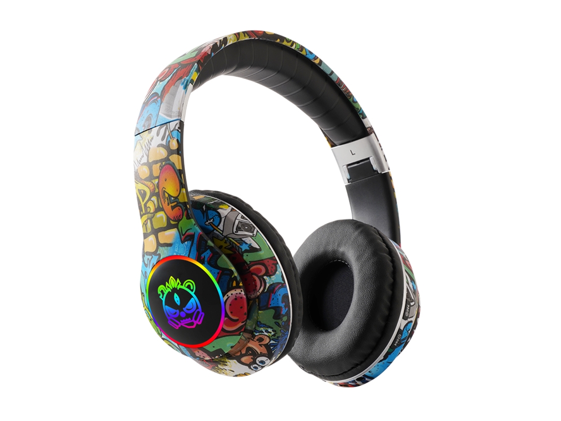 Elegantes auriculares Bluetooth plegables con diseño de grafiti, botones integrados y luces de colores. Mdug