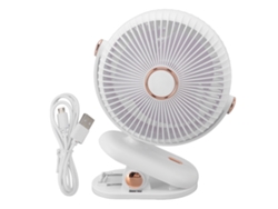 Ventilador de escritorio blanco de 3 velocidades con clip y diseño seguro.