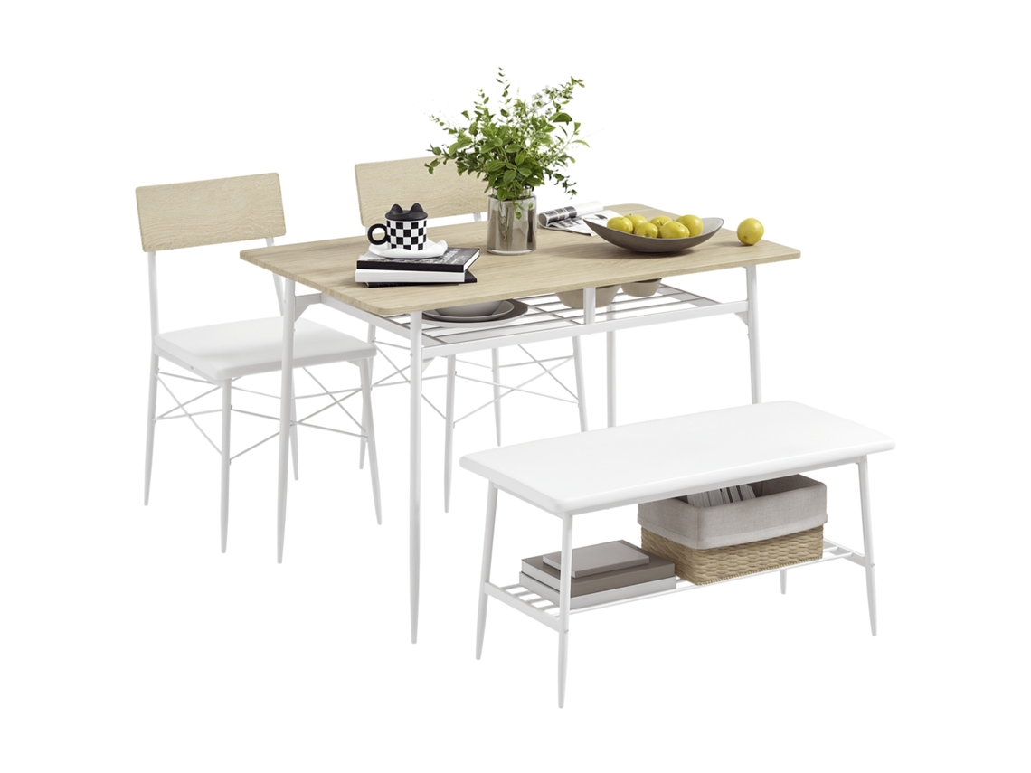 Juego De Comedor De 4 Piezas Con Mesa, Sillas Y Banco Tapizado De Roble.