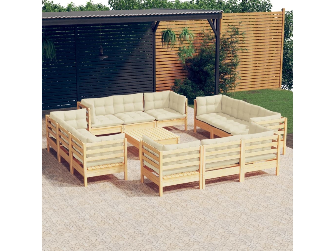 13 Pcs Conjunto Lounge Jardim C/ Almofadões Cor Creme Pinho Dkd Home Decor