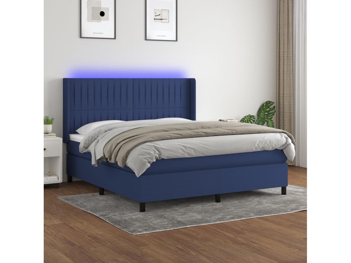 Cama Box Spring Colchón Y Luces Led Tela Azul 160x200 Cm