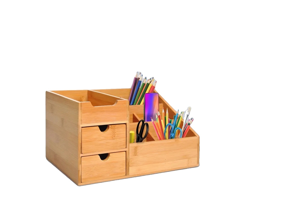 Organizador de escritorio, material de bambú, diseño compacto