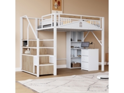 Cama alta de metal de 140 x 200 cm con estructura de seguridad, ventana y escalera, con armario blanco - Mobrio