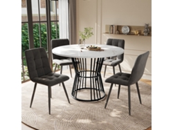 Mesa Redonda Con 4 Sillas, Juego De Comedor 5 Piezas, Tablero Mdf Blanco, Patas Negras, Sillas Tapizadas En Terciopelo