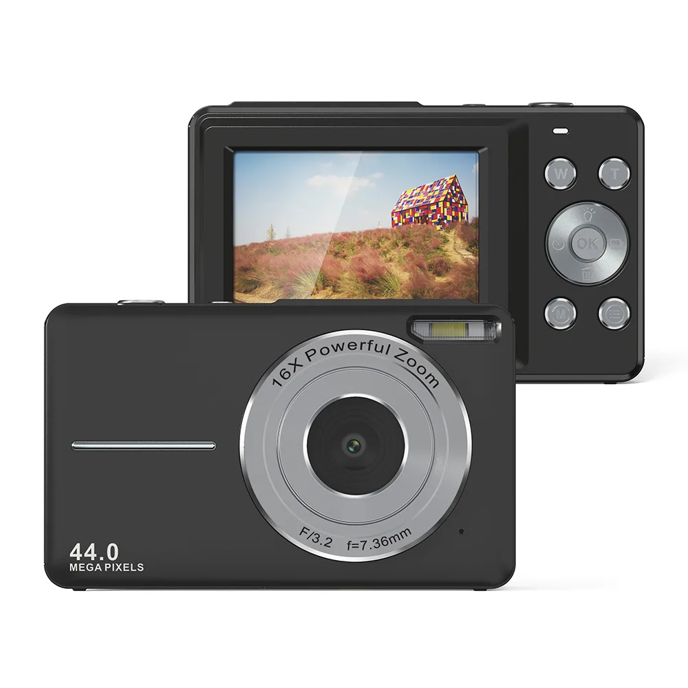Minicámara de 44 MP, zoom 16x, pantalla de 2,4 pulgadas, con flash. Ideal para niños y principiantes. MDUG (Negra, sin tarjeta TF).